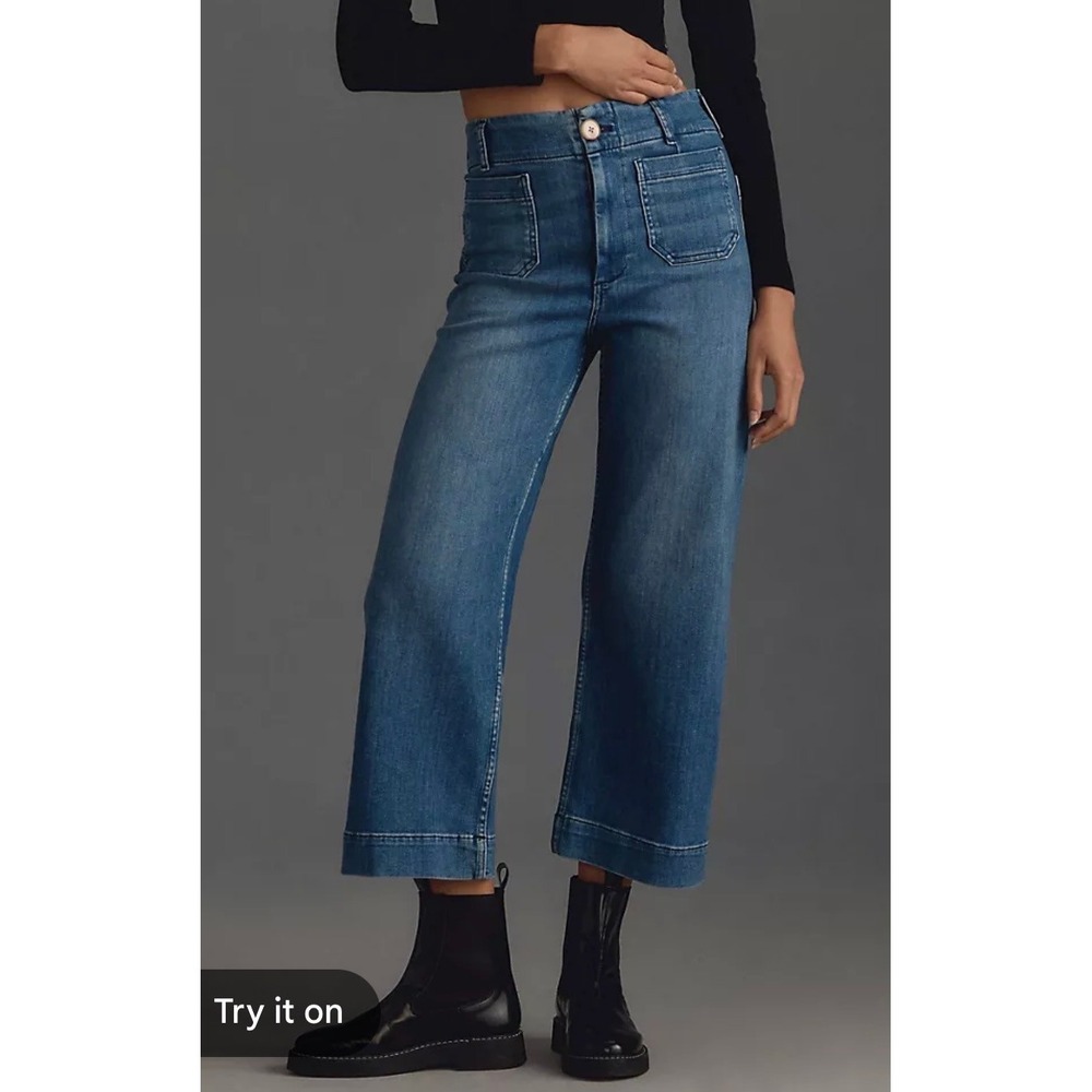 Maeve Anthropologie The Colette Cropped Wide Leg Jeans Blue Denim 25 Pocket